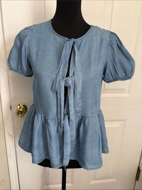 mine Light Blue Tie-Front Peplum Tunic